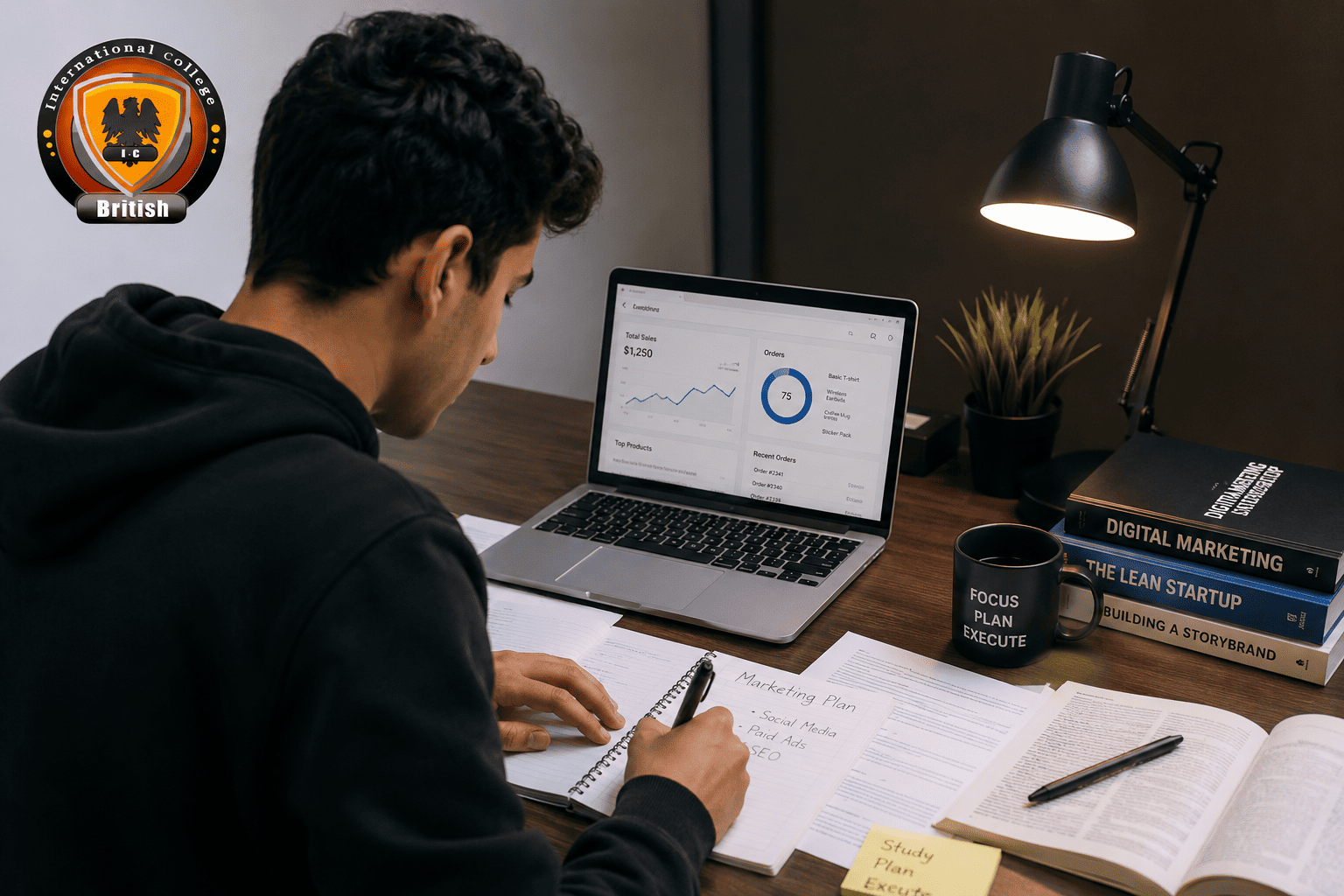 Enterprising university student managing a digital side hustle on a laptop in a modern study workspace